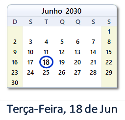 18 Junho 2030 calendario