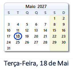18 Maio 2027 calendario