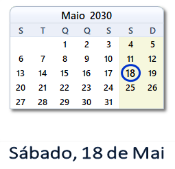 18 Maio 2030 calendario