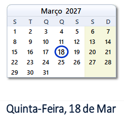 18 Março 2027 calendario
