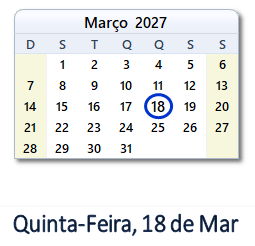 18 Março 2027 calendario