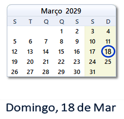 18 Março 2029 calendario