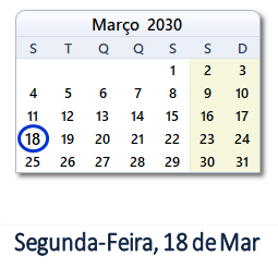 18 Março 2030 calendario