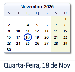 18 Novembro 2026 calendario