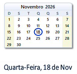 18 Novembro 2026 calendario