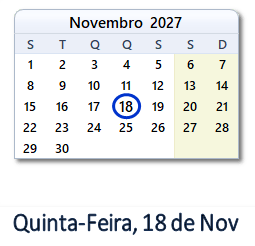 18 Novembro 2027 calendario