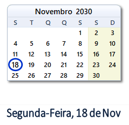 18 Novembro 2030 calendario
