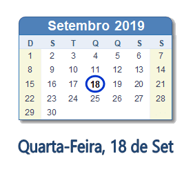 18 Setembro 2019 calendario