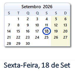 18 Setembro 2026 calendario