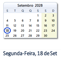 18 Setembro 2028 calendario