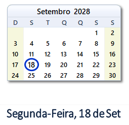 18 Setembro 2028 calendario