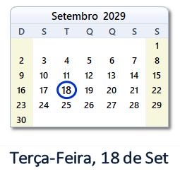 18 Setembro 2029 calendario