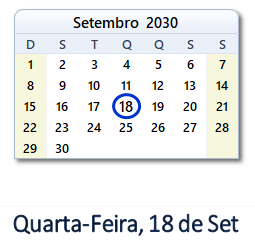 18 Setembro 2030 calendario