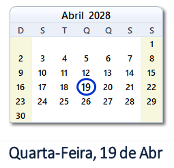 19 Abril 2028 calendario