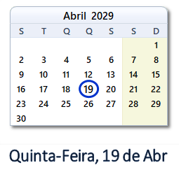 19 Abril 2029 calendario