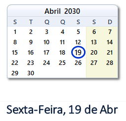 19 Abril 2030 calendario
