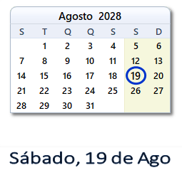 19 Agosto 2028 calendario