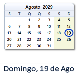 19 Agosto 2029 calendario