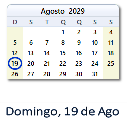 19 Agosto 2029 calendario