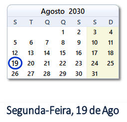 19 Agosto 2030 calendario