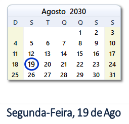 19 Agosto 2030 calendario