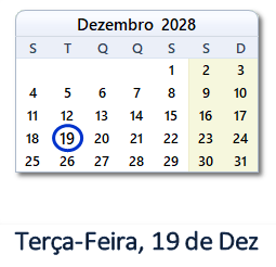 19 Dezembro 2028 calendario