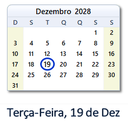 19 Dezembro 2028 calendario