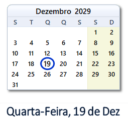19 Dezembro 2029 calendario