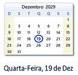 19 Dezembro 2029 calendario