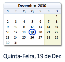 19 Dezembro 2030 calendario