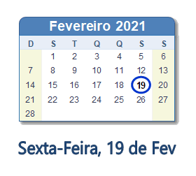 19 Fevereiro 2021 calendario