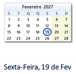 19 Fevereiro 2027 calendario