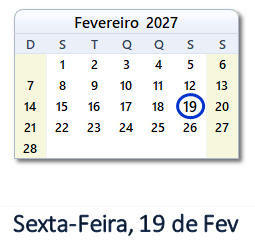 19 Fevereiro 2027 calendario