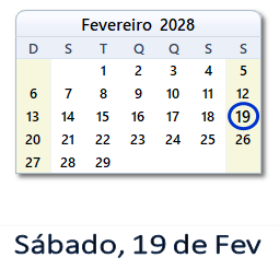 19 Fevereiro 2028 calendario