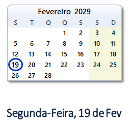 19 Fevereiro 2029 calendario