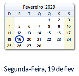 19 Fevereiro 2029 calendario