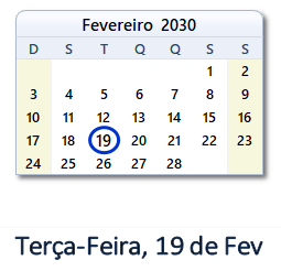 19 Fevereiro 2030 calendario
