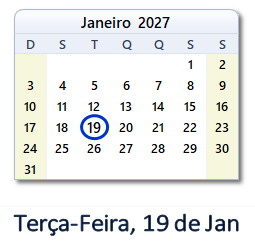 19 Janeiro 2027 calendario