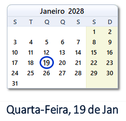19 Janeiro 2028 calendario
