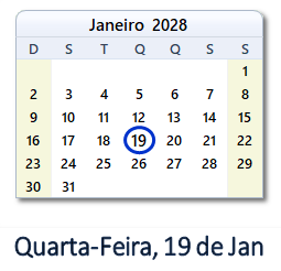 19 Janeiro 2028 calendario