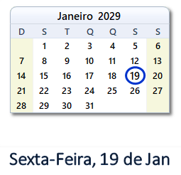 19 Janeiro 2029 calendario