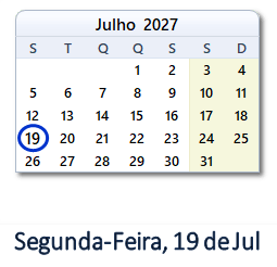 19 Julho 2027 calendario