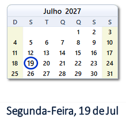 19 Julho 2027 calendario