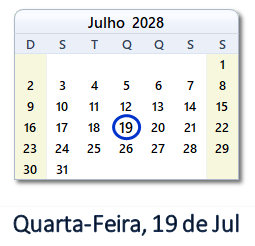 19 Julho 2028 calendario