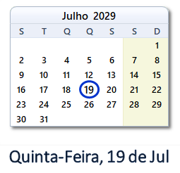 19 Julho 2029 calendario