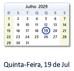 19 Julho 2029 calendario