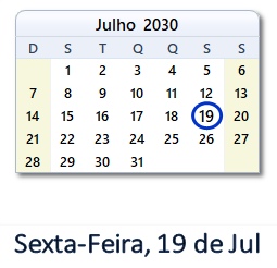 19 Julho 2030 calendario