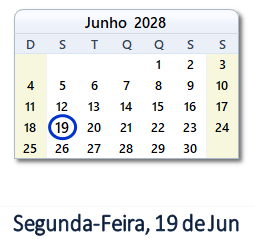 19 Junho 2028 calendario