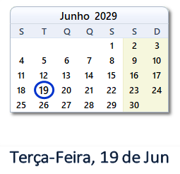 19 Junho 2029 calendario