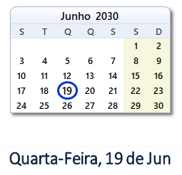 19 Junho 2030 calendario